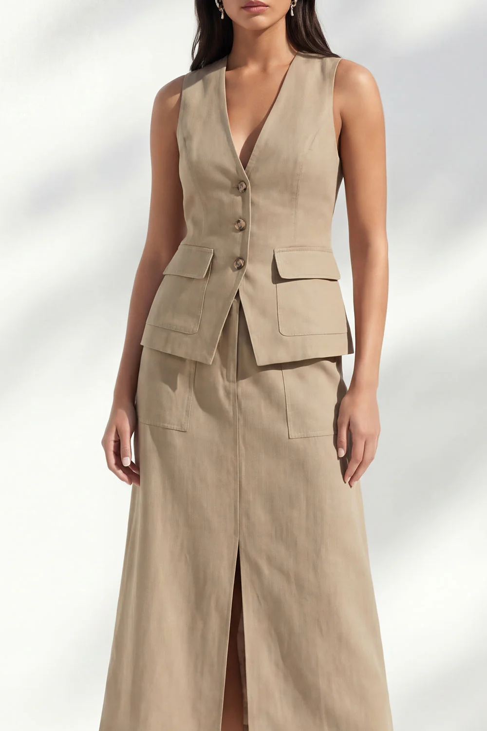 Robe de travail midi ajustée à un seul boutonnage à col en V et fente - Image 3