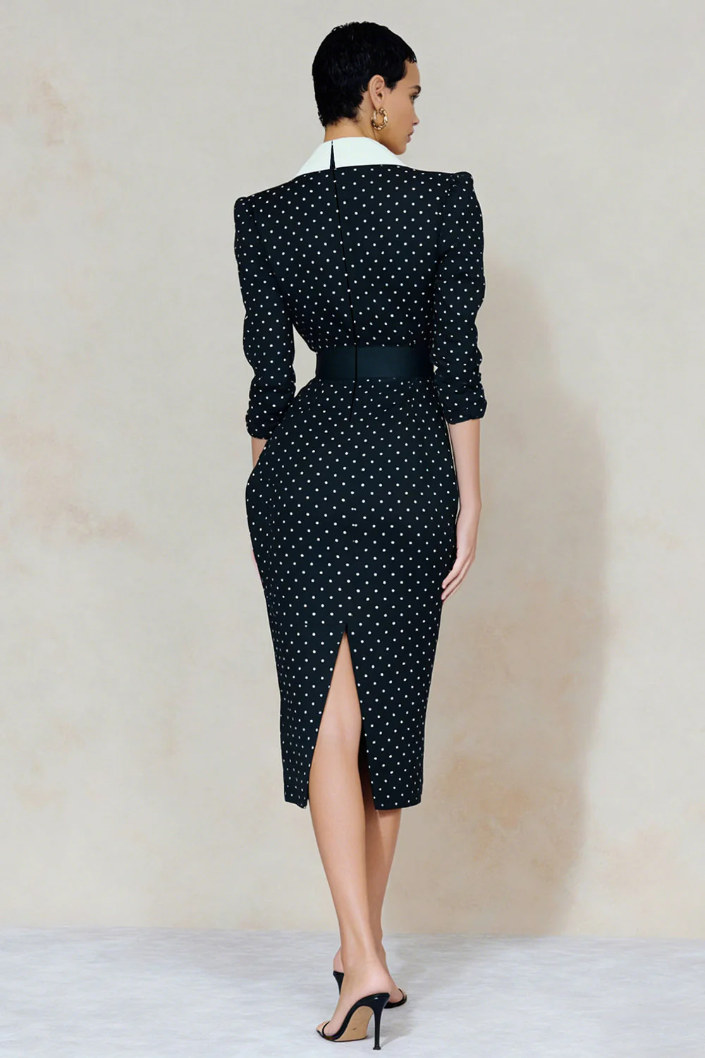 Robe de travail midi bodycon cousue à poches blancs bleu marine avec ceinture en strass - Image 2