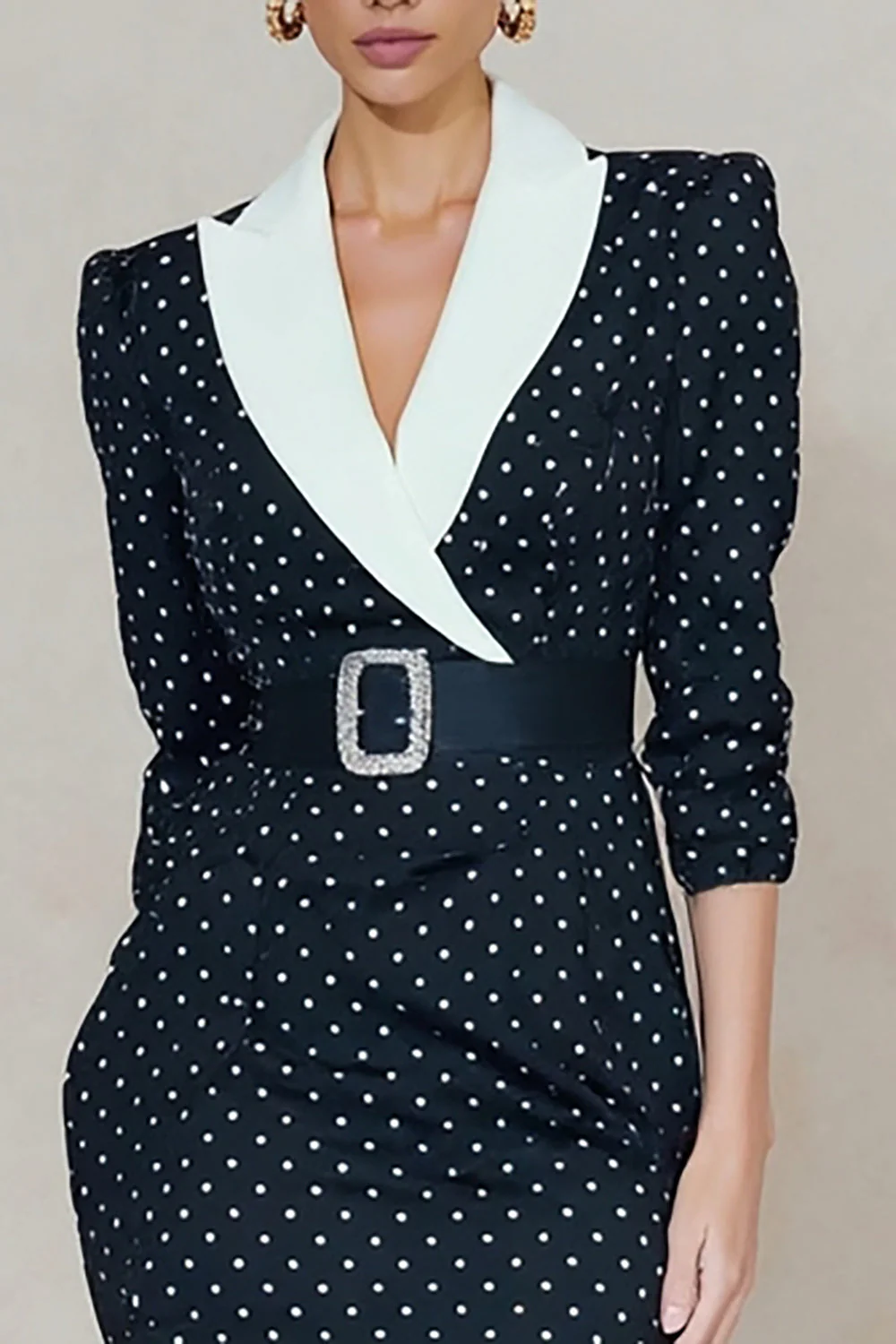 Robe de travail midi bodycon cousue à poches blancs bleu marine avec ceinture en strass - Image 3