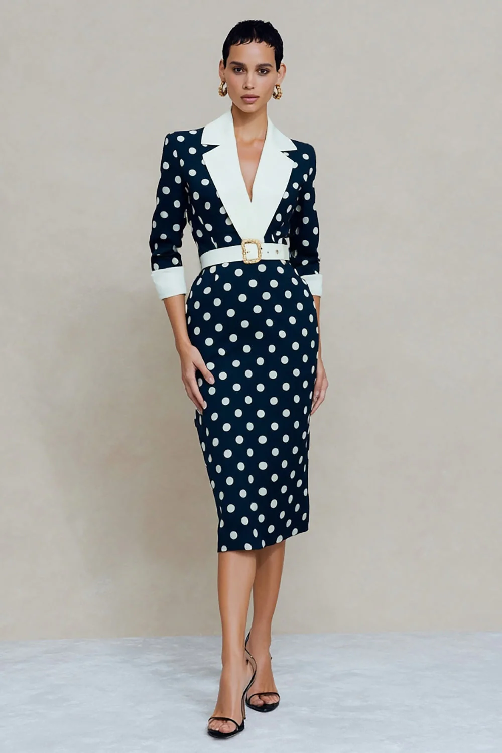 Robe de travail Midi bodycon mouchettée à poches blanche marine avec ceinture