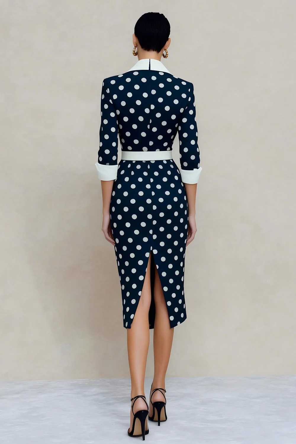 Robe de travail Midi bodycon mouchettée à poches blanche marine avec ceinture - Image 2
