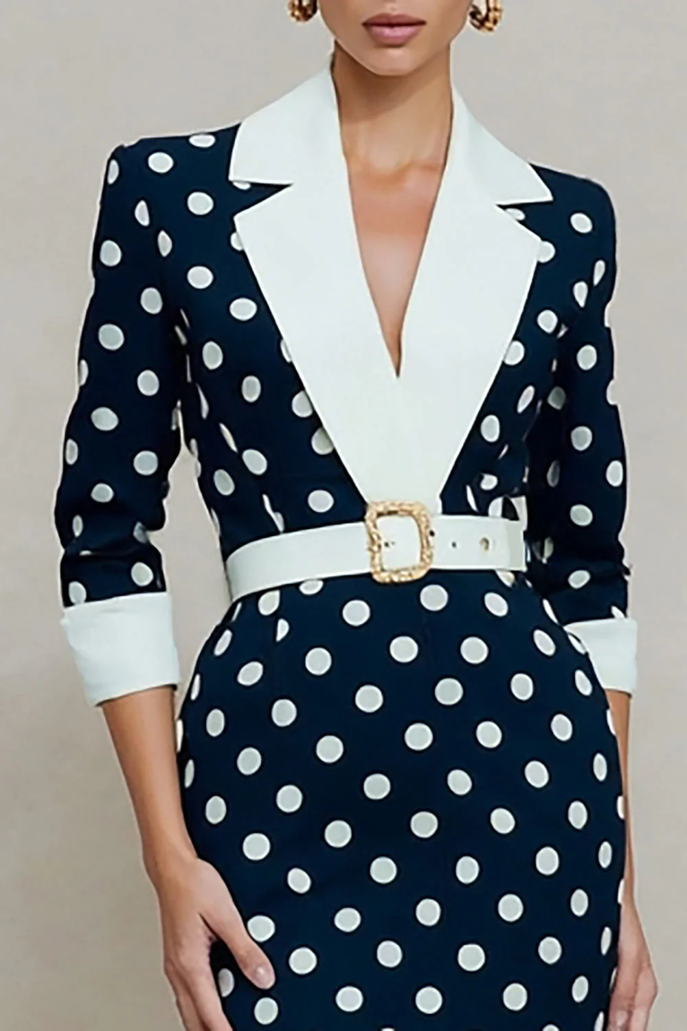 Robe de travail Midi bodycon mouchettée à poches blanche marine avec ceinture - Image 3