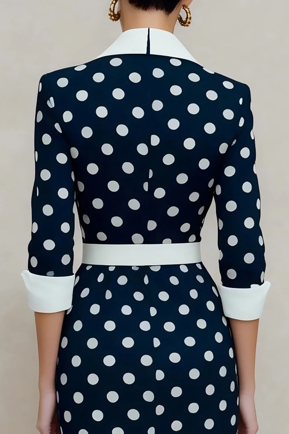 Robe de travail Midi bodycon mouchettée à poches blanche marine avec ceinture - Image 4