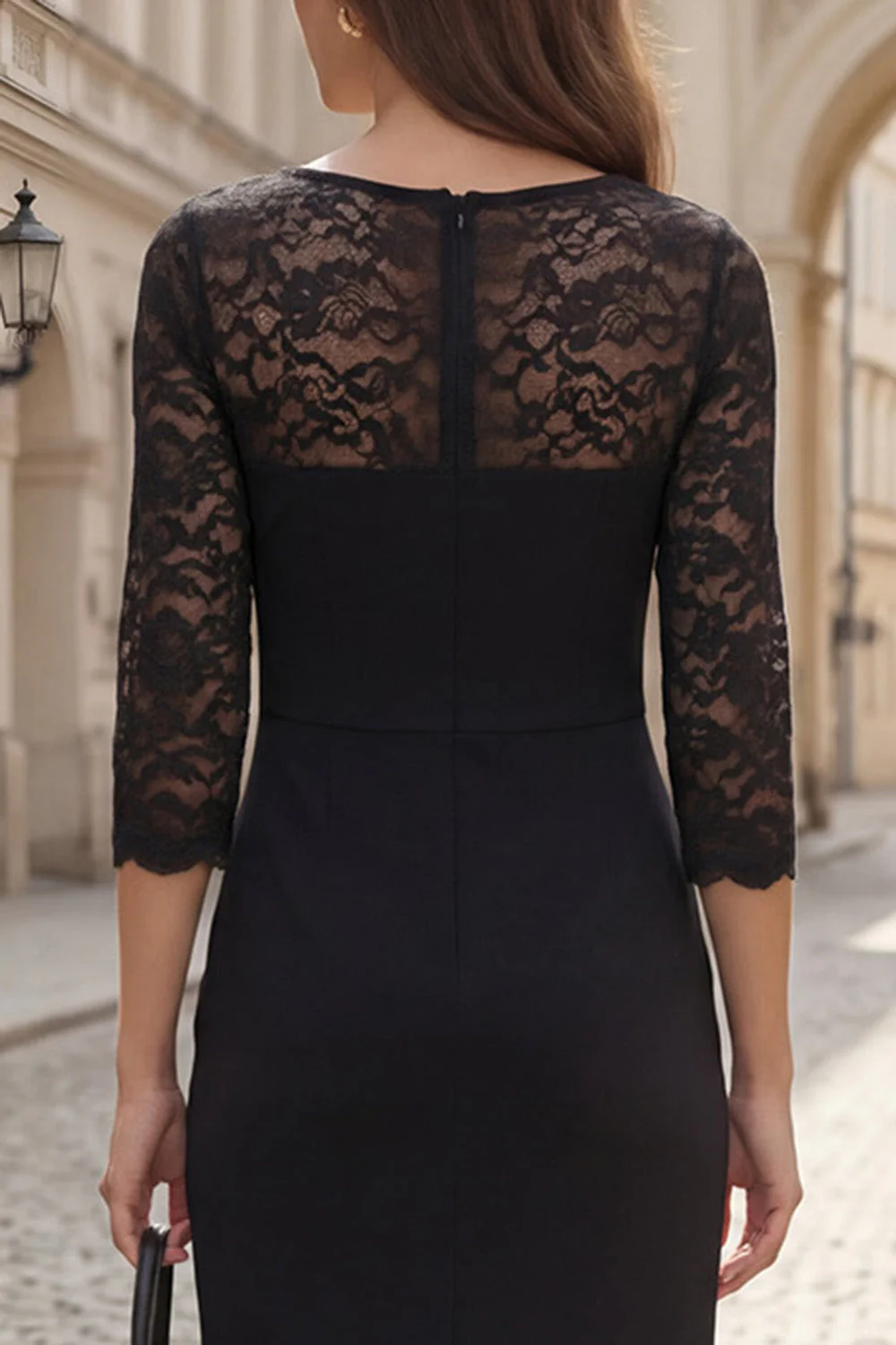 Robe de travail midi en dentelle bodycon à manches 3/4 noire - Image 4