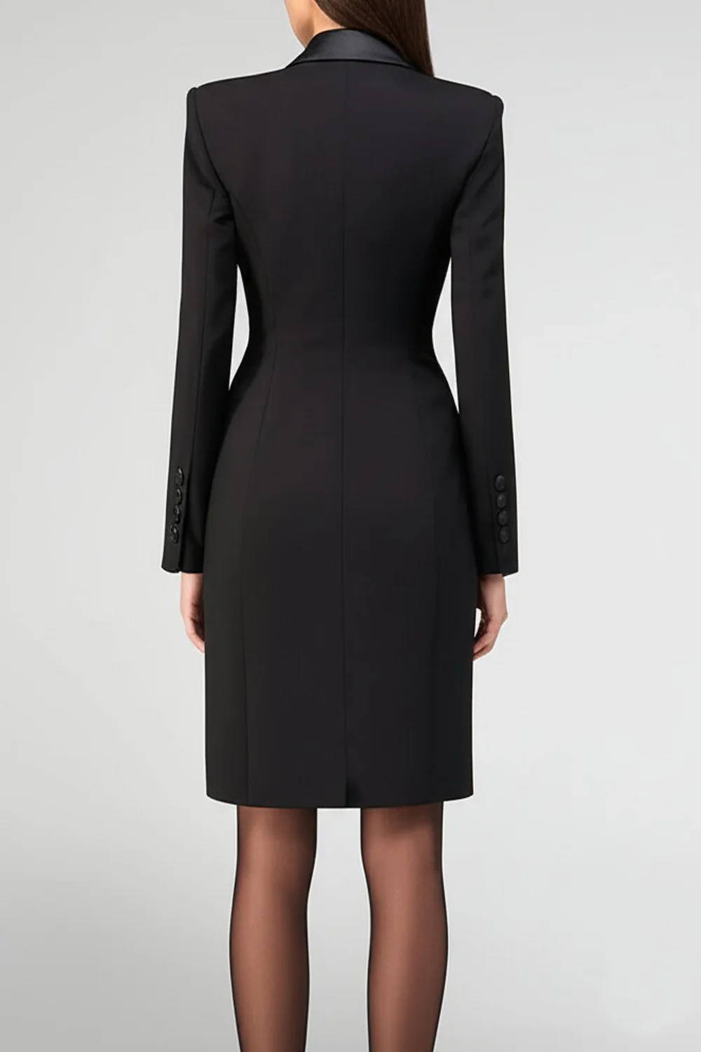 Robe de travail midi en satin noir à col revers en pointe élégante - Image 2