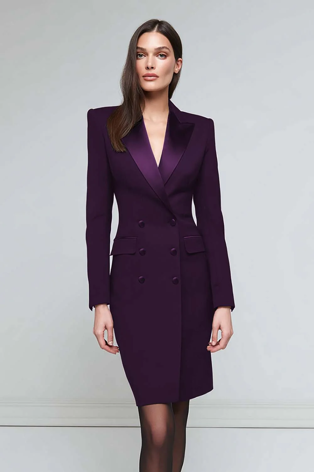 Robe de travail midi en satin noir à col revers en pointe élégante - Image 8