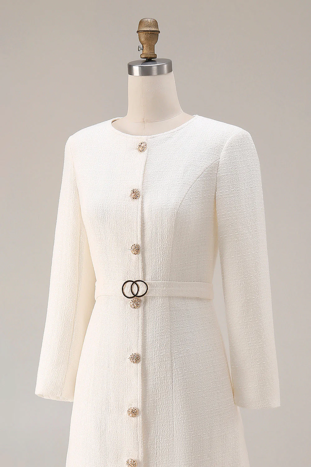 Robe de travail midi en tweed à manches longues à fourreau ivoire avec ceinture - Image 8