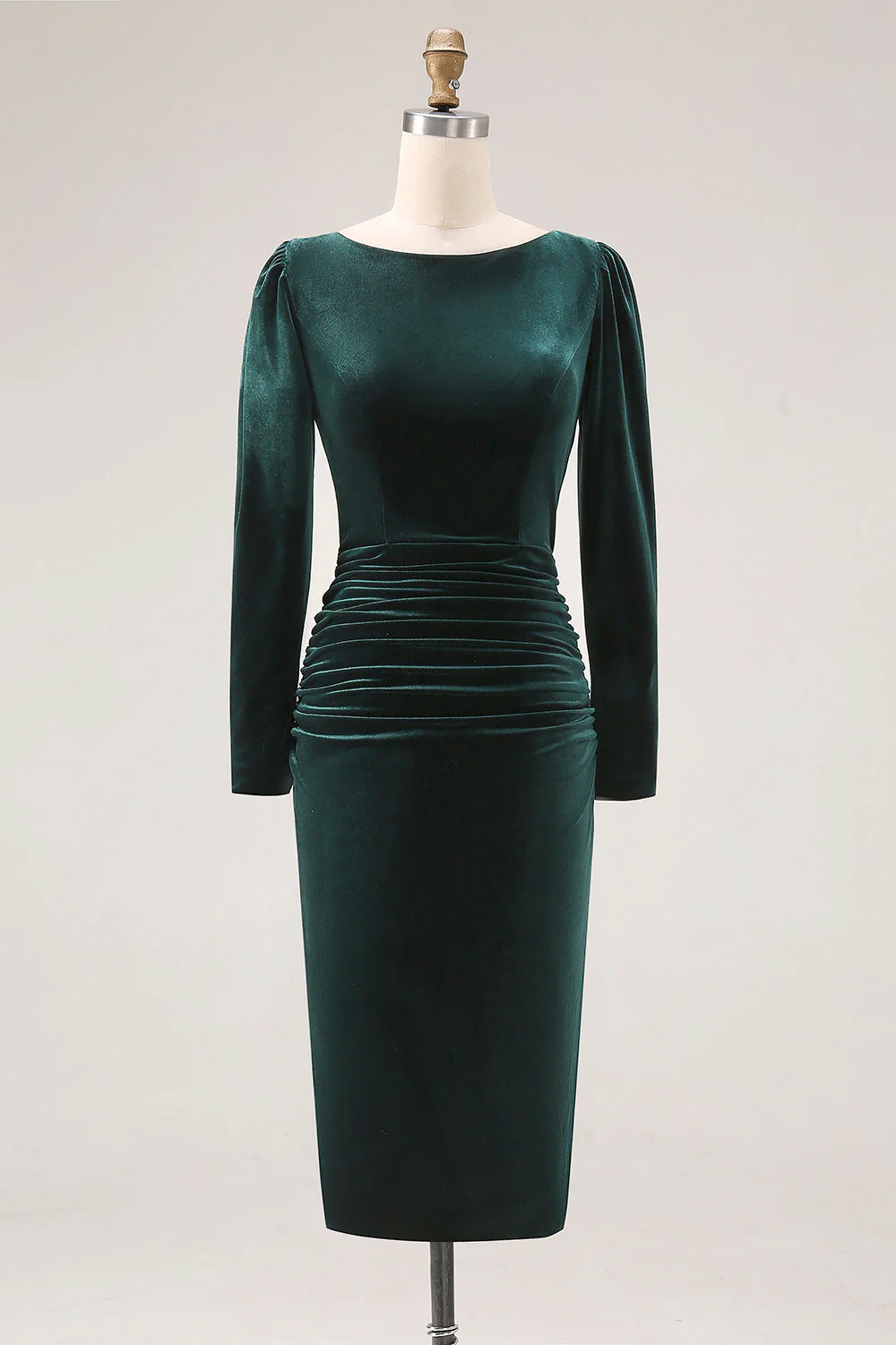 Robe de travail midi en velut froissé vert foncé avec manches longues