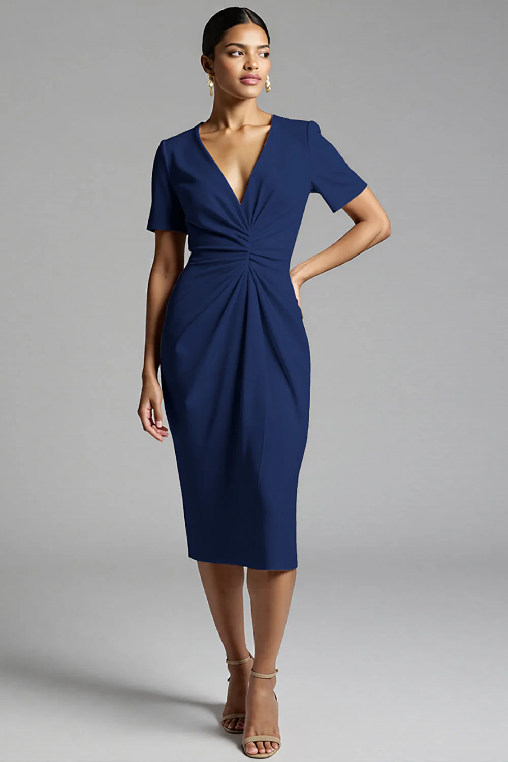 Robe de travail midi fourreau froncé champagne simple - Image 11