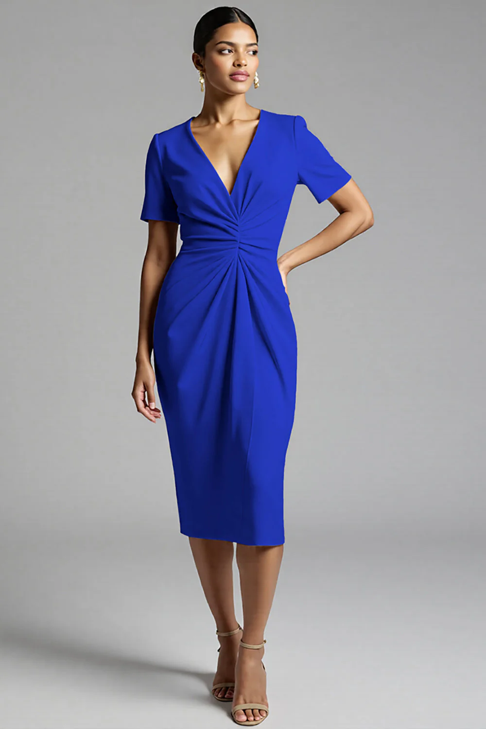 Robe de travail midi fourreau froncé champagne simple - Image 17