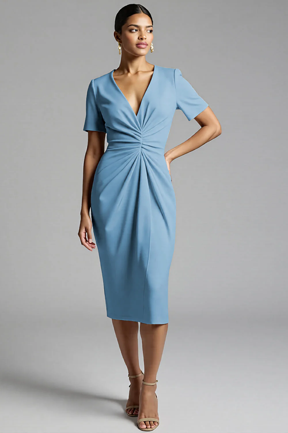 Robe de travail midi fourreau froncé champagne simple - Image 19