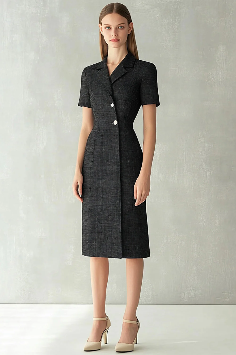 Robe de travail midi fourreau noir à revers crantés