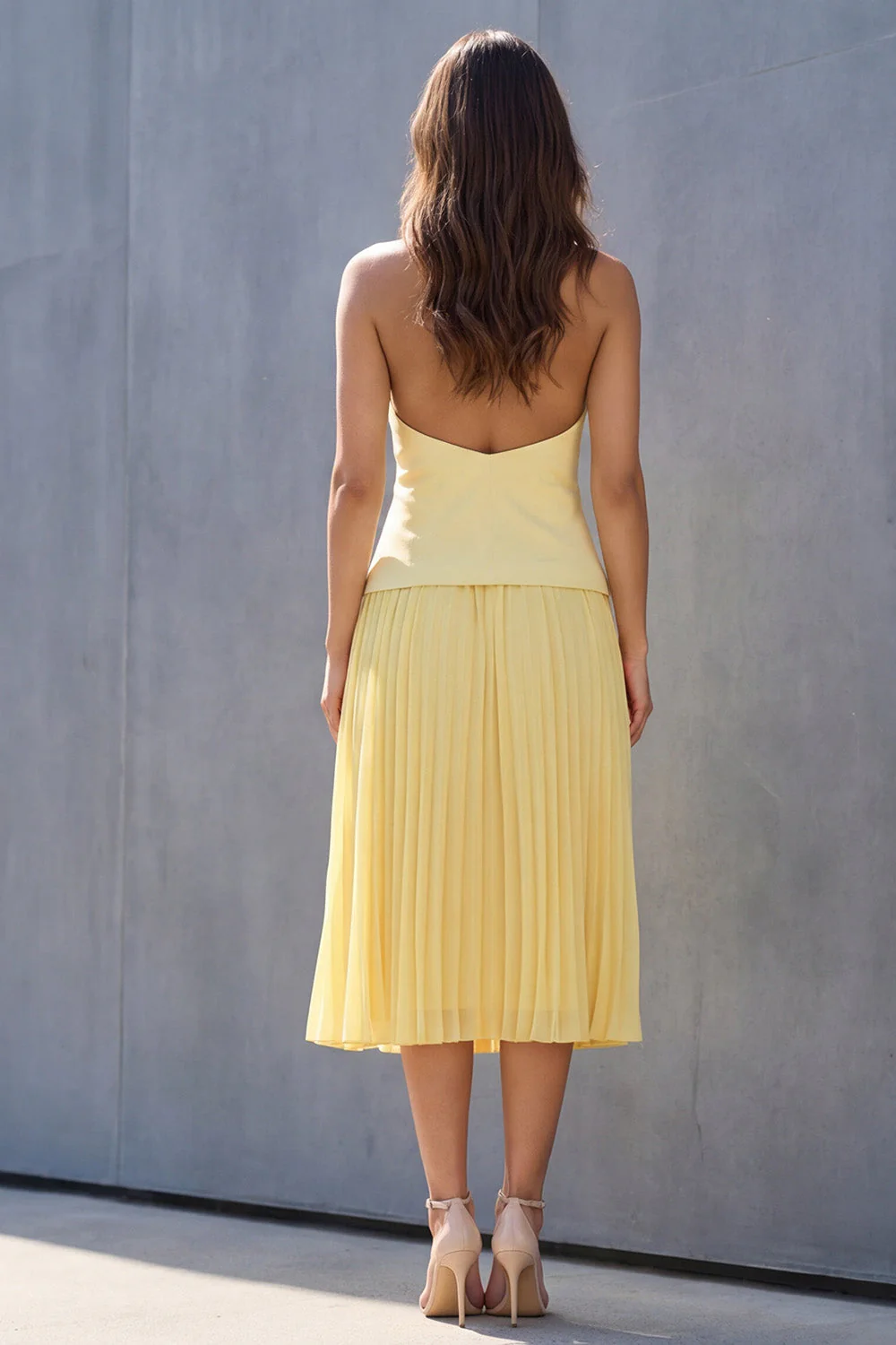 Robe de travail midi jaune jaune à simple boutonnage plissé - Image 2