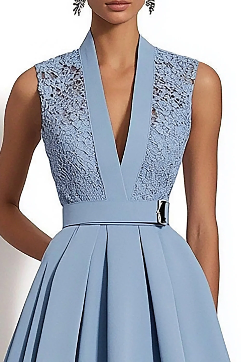 Robe de travail midi ligne en satin gris bleu à col en V avec appliques - Image 2