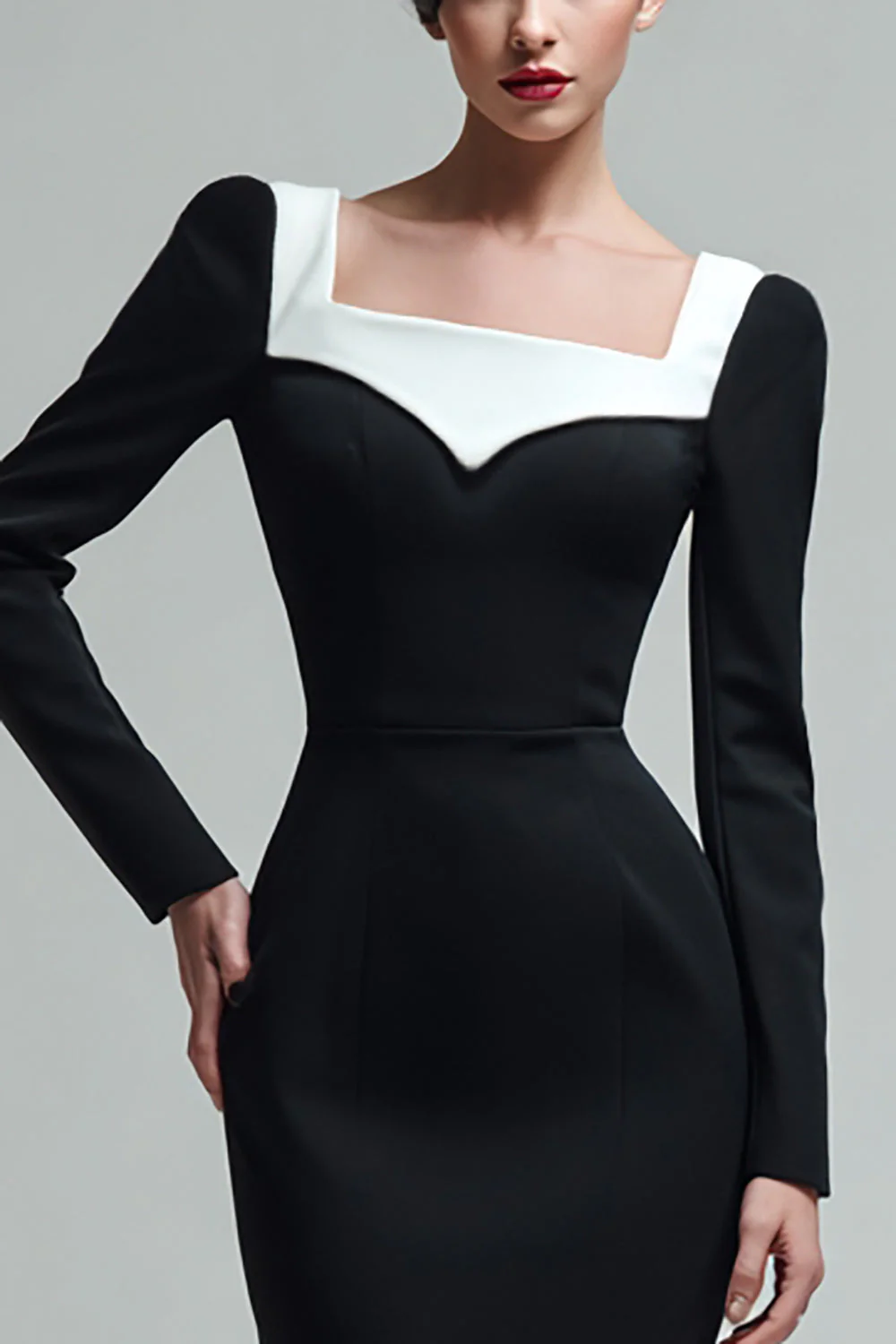 Robe de travail midi noire à col carré à manches longues - Image 3