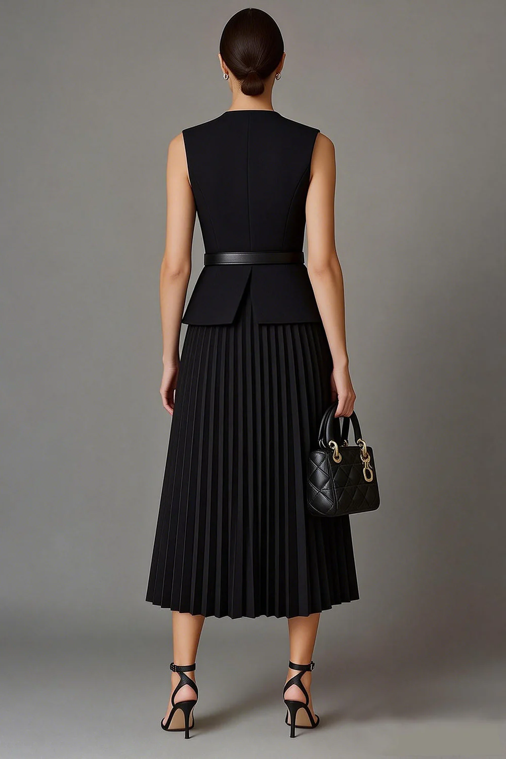 Robe de travail midi noire plissée A Line 2 pièces à col rond - Image 2