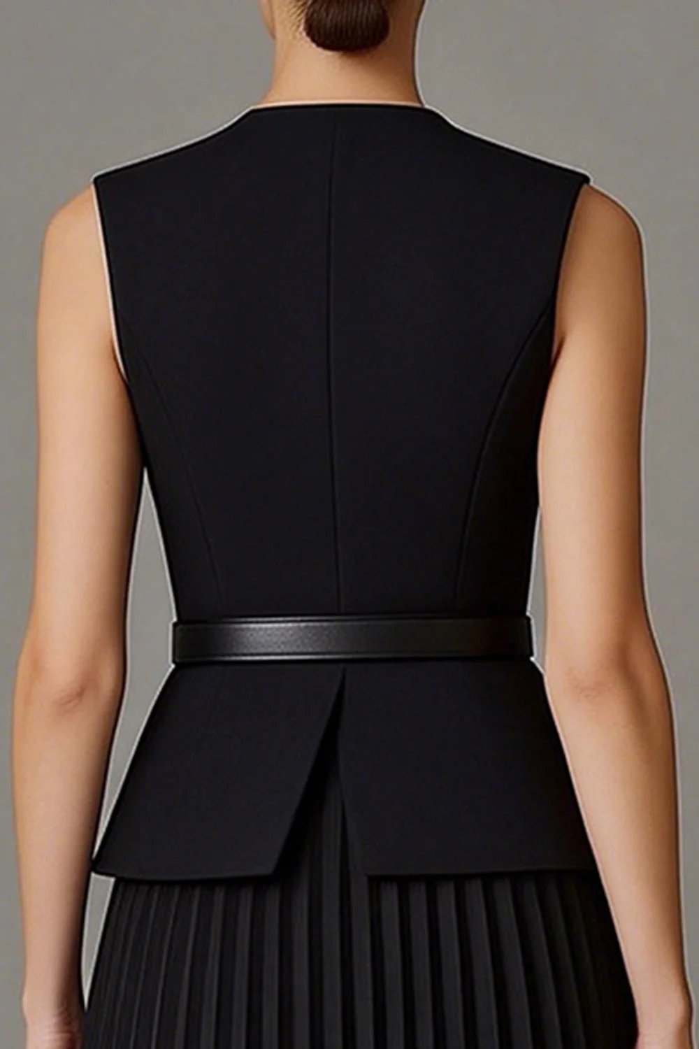 Robe de travail midi noire plissée A Line 2 pièces à col rond - Image 4