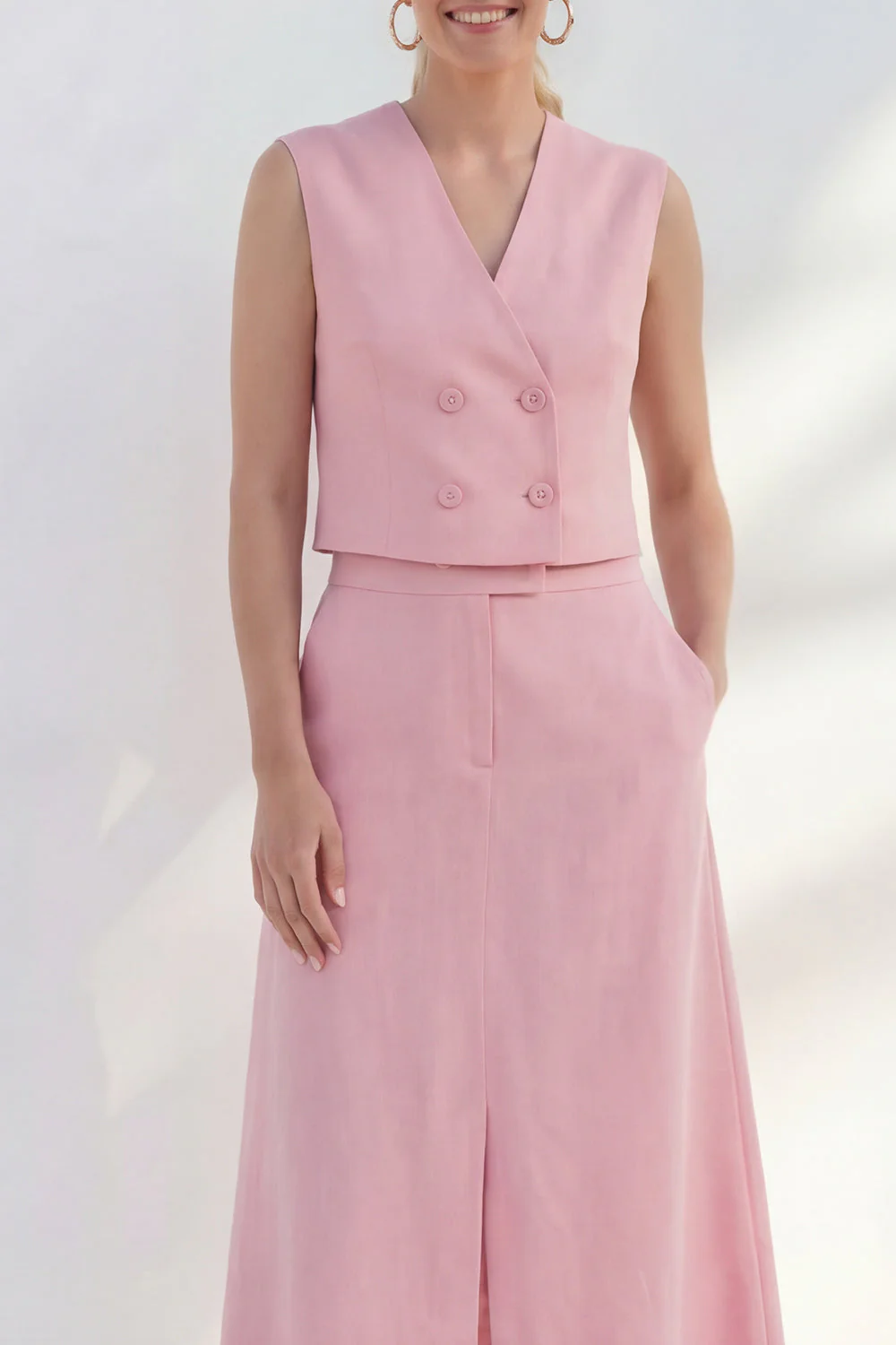 Robe de travail midi rose à col en V à double boutonnage avec fente - Image 3