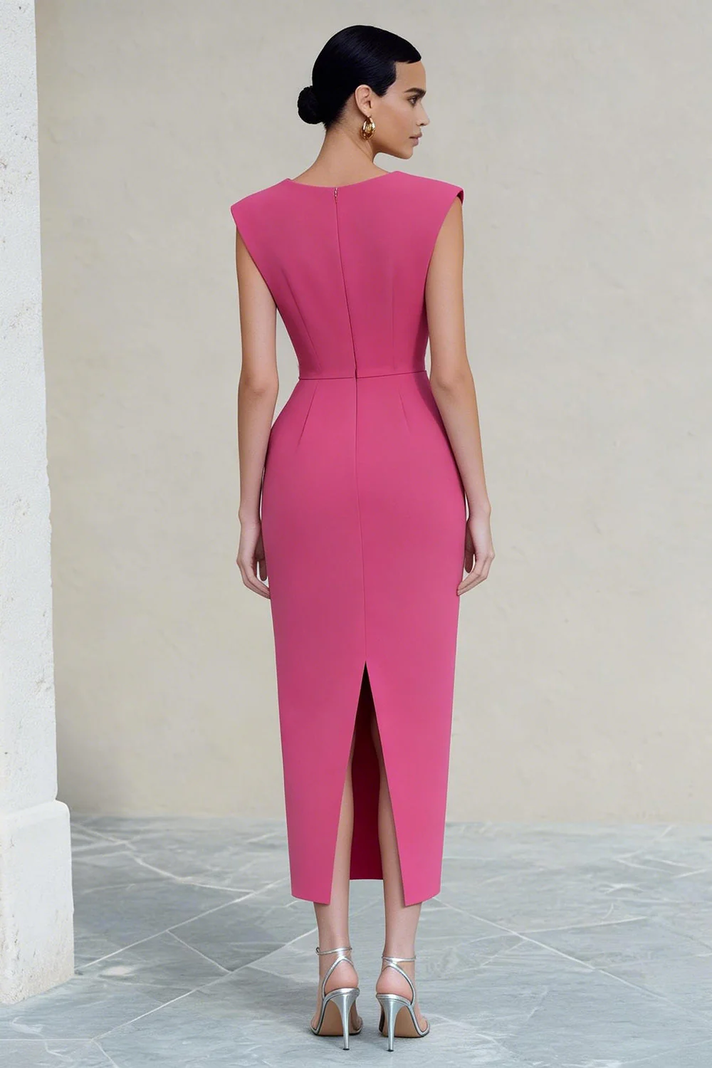 Robe de travail midi rose vif à col en V froncée avec fente - Image 2