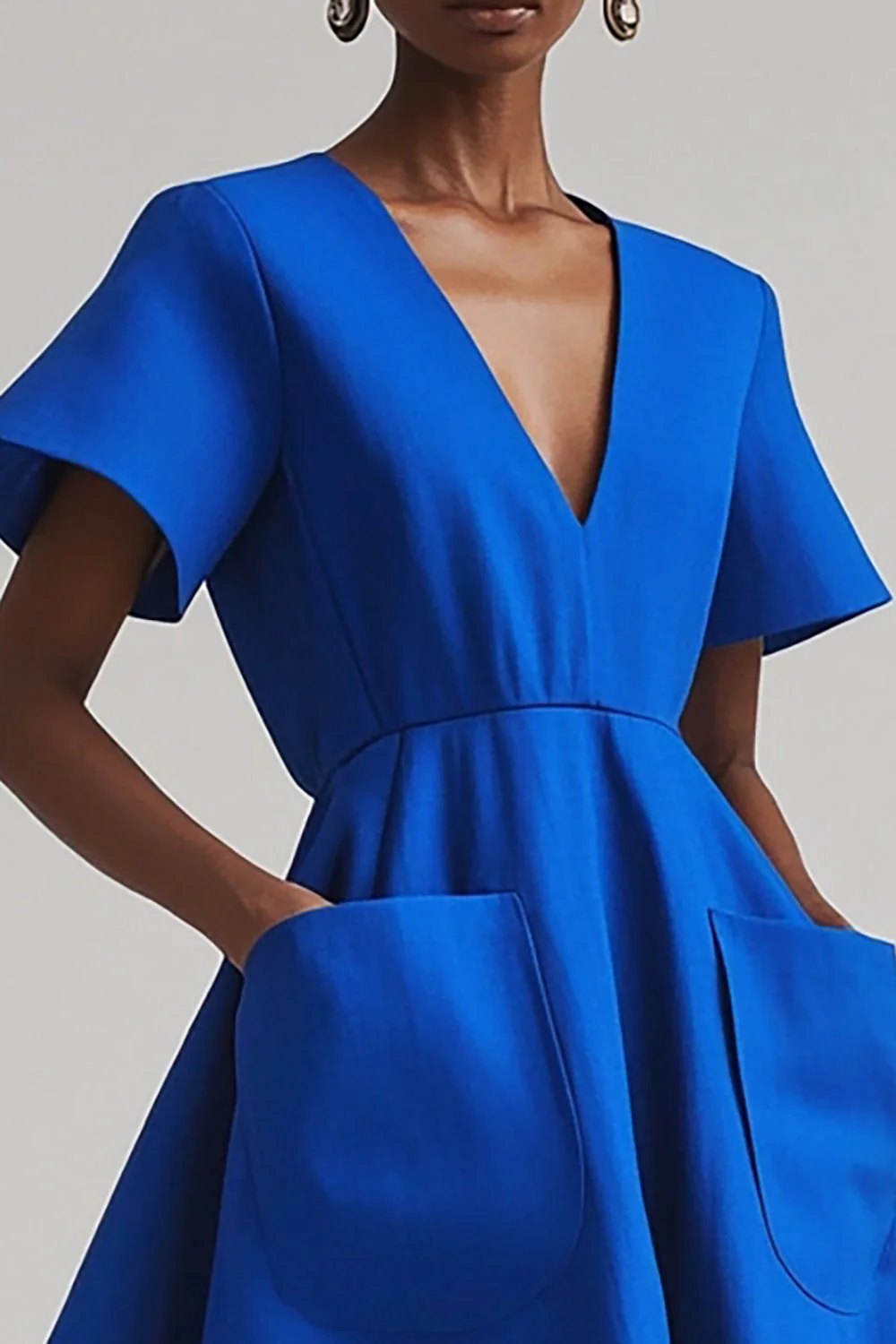 Robe de travail midi trapèze à col en V bleu roi avec poches - Image 3
