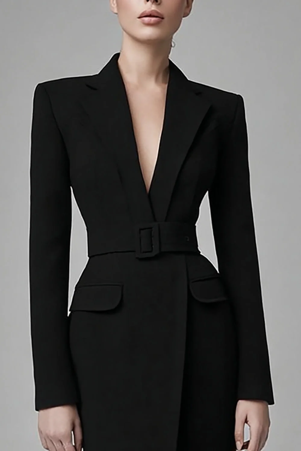 Robe de travail moulante en satin noir à revers - Image 3