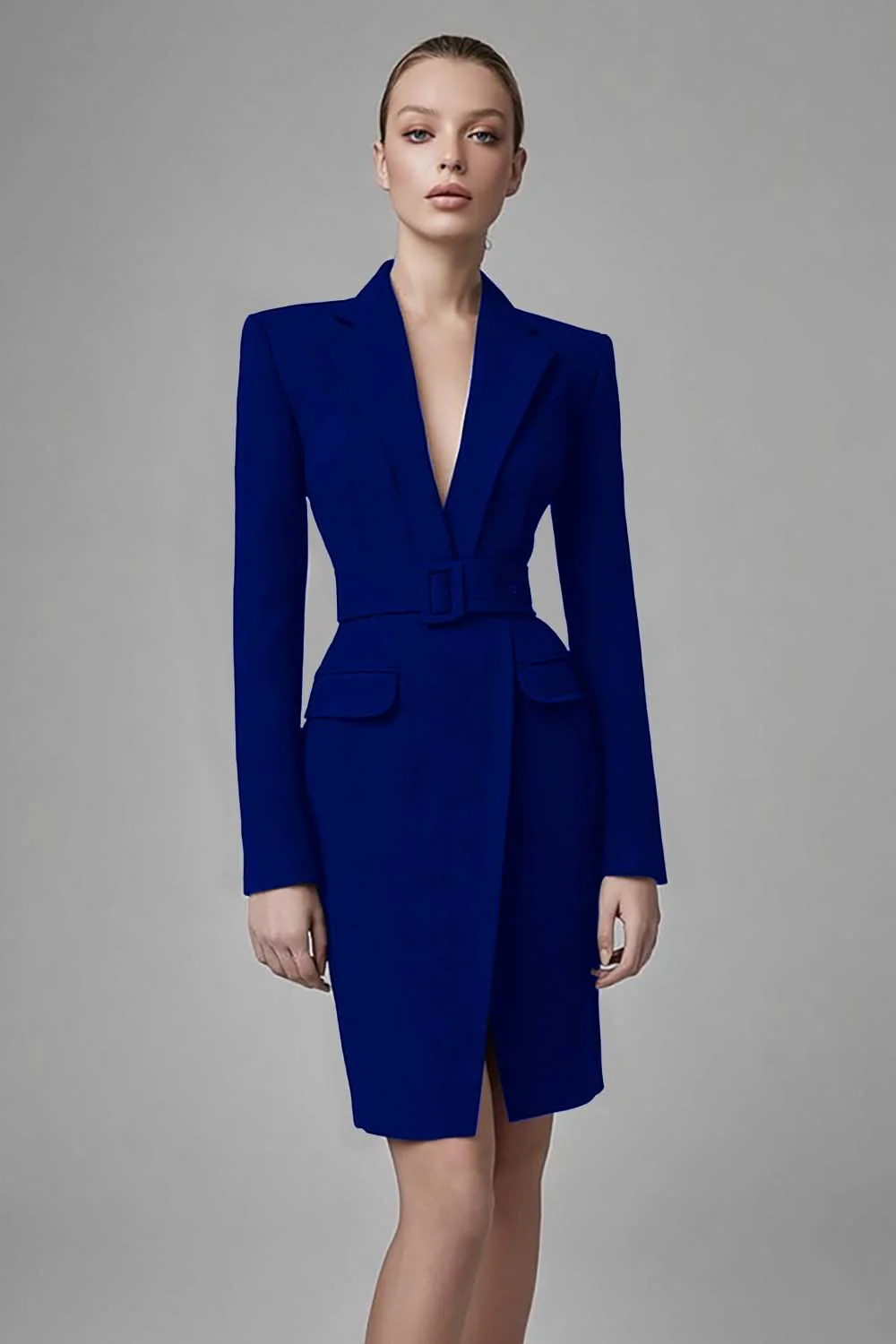 Robe de travail moulante en satin noir à revers - Image 7