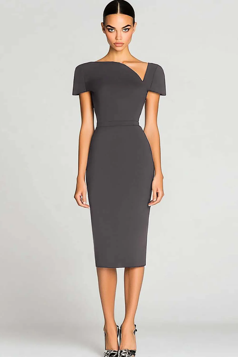 Robe de travail noire moulante en satin à épaules dénudées longueur genou - Image 10