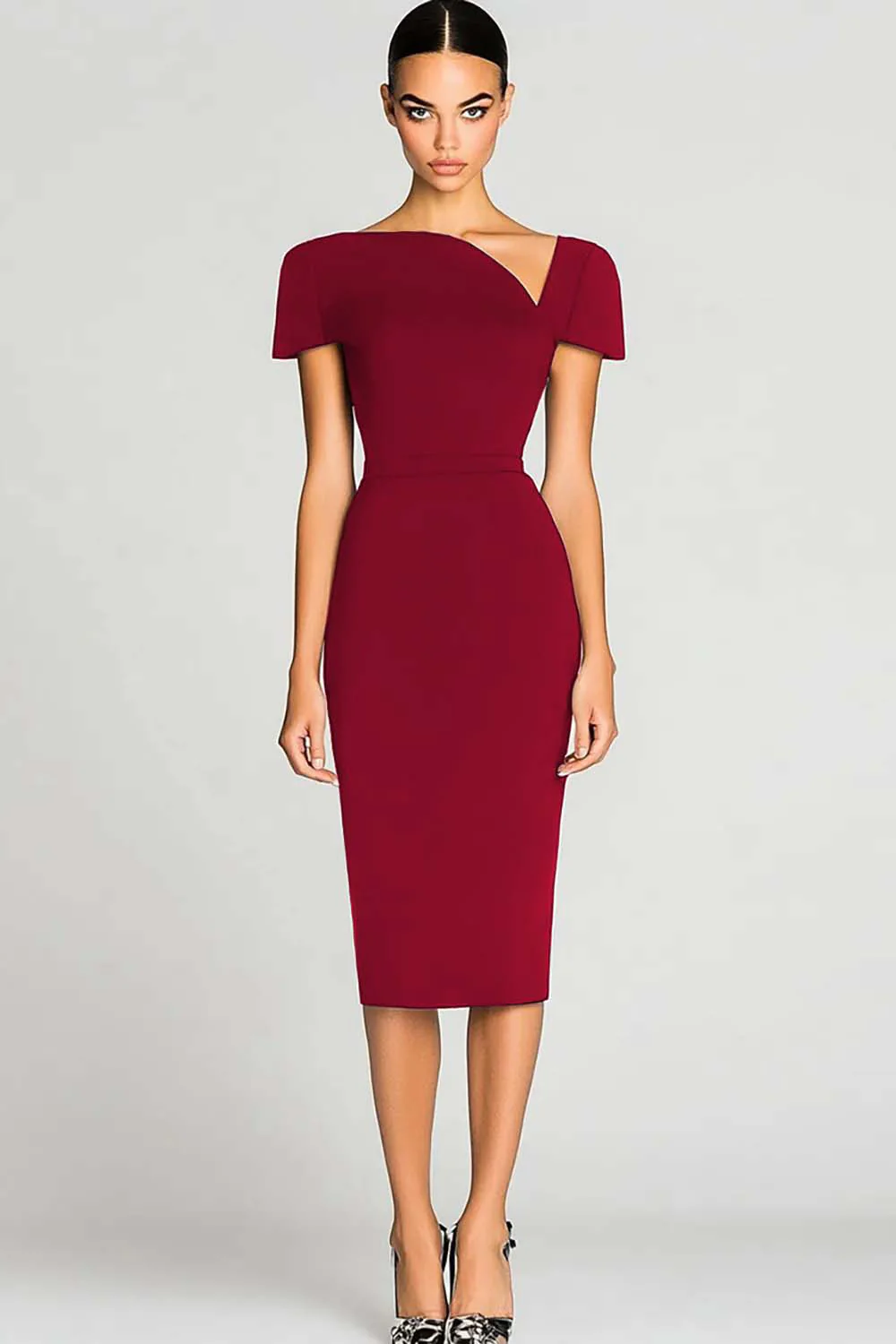 Robe de travail noire moulante en satin à épaules dénudées longueur genou - Image 3