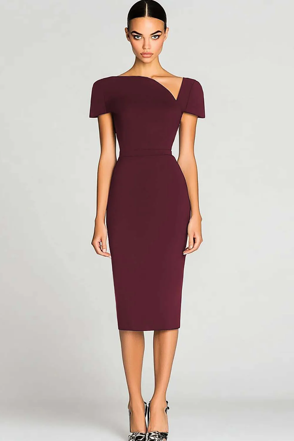 Robe de travail noire moulante en satin à épaules dénudées longueur genou - Image 4