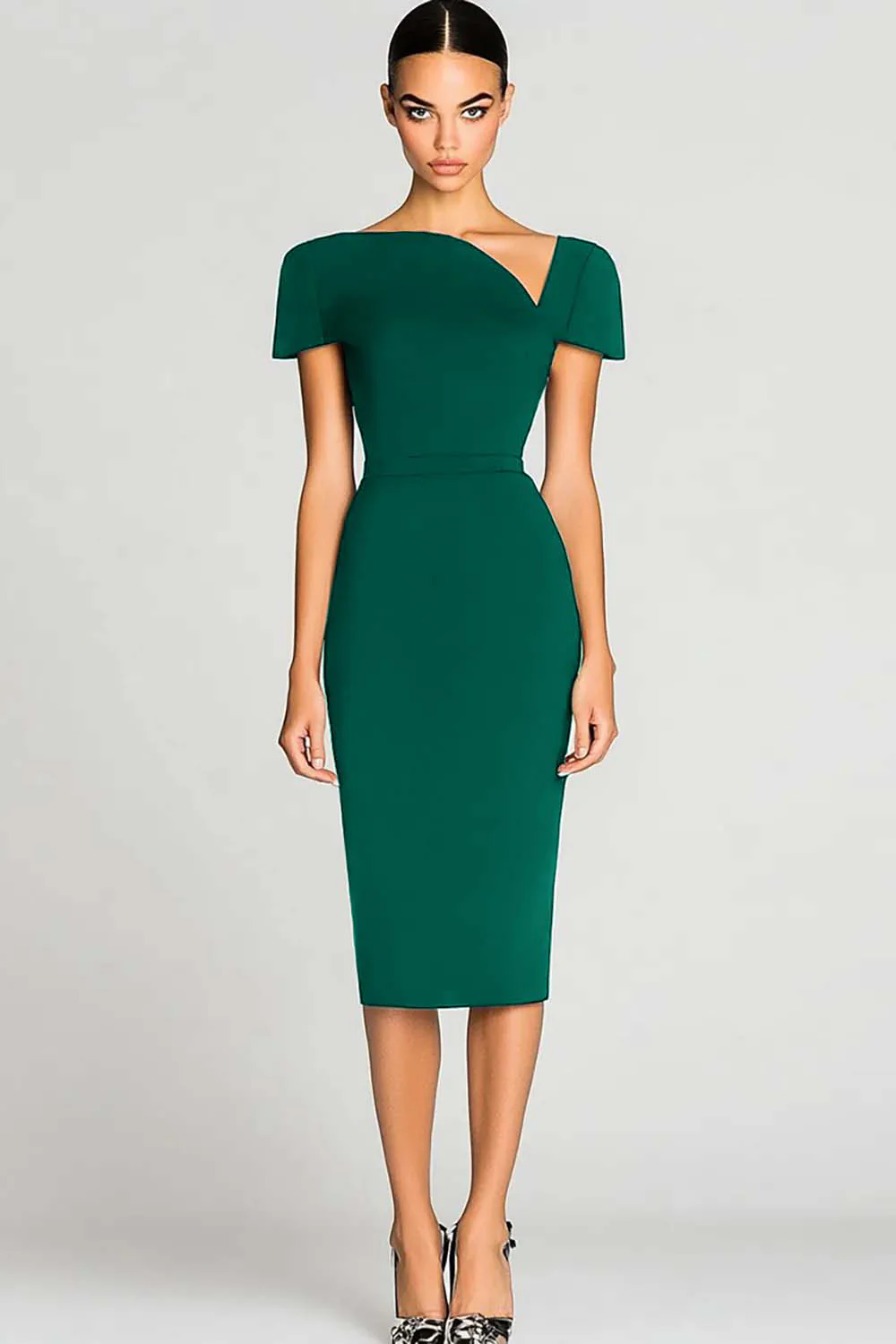 Robe de travail noire moulante en satin à épaules dénudées longueur genou - Image 5
