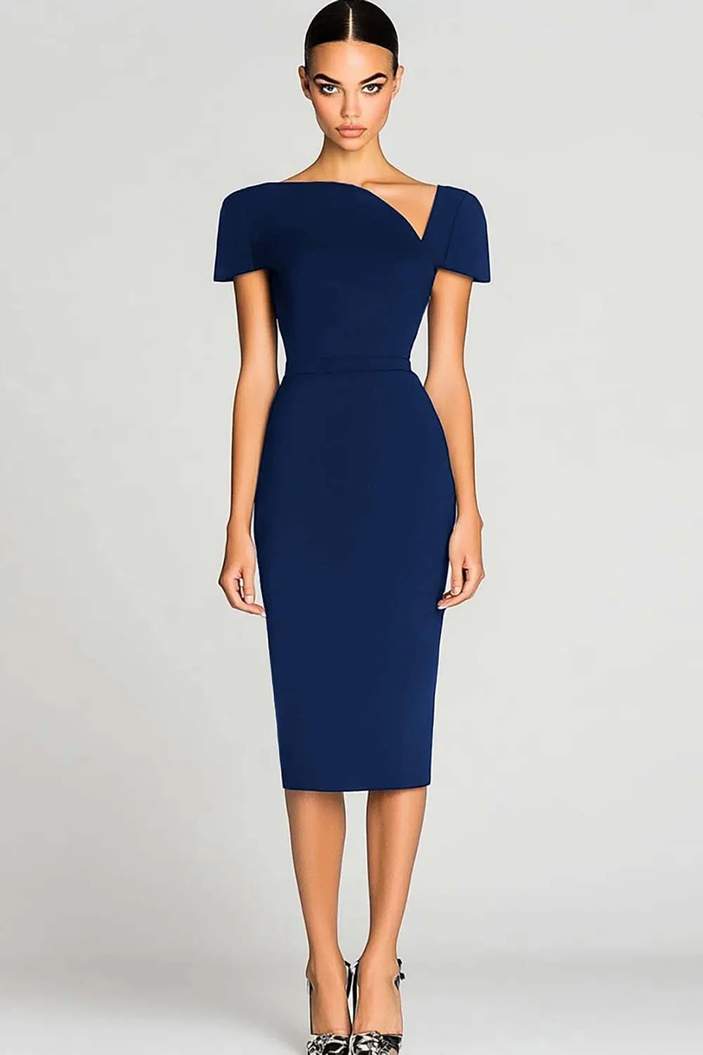 Robe de travail noire moulante en satin à épaules dénudées longueur genou - Image 6