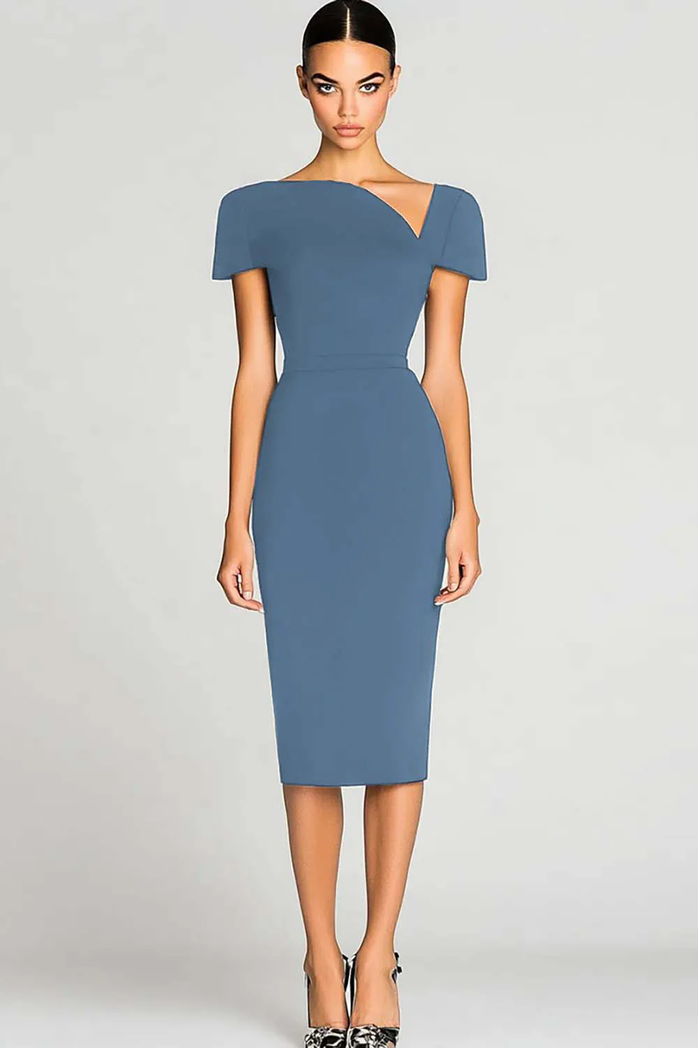 Robe de travail noire moulante en satin à épaules dénudées longueur genou - Image 7