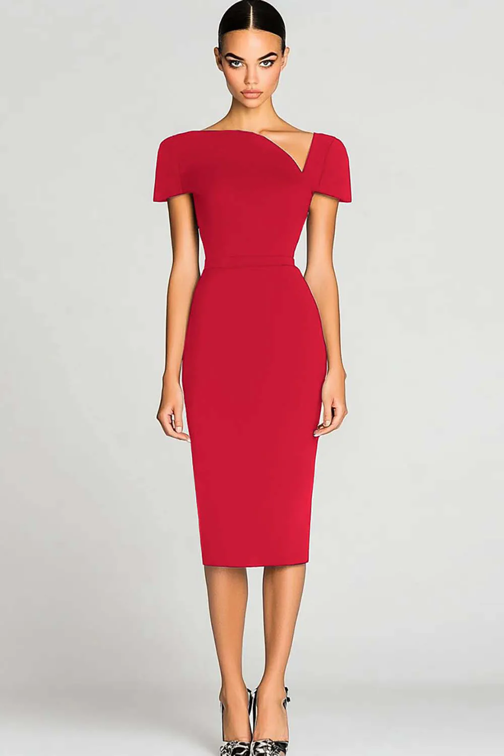 Robe de travail noire moulante en satin à épaules dénudées longueur genou - Image 8