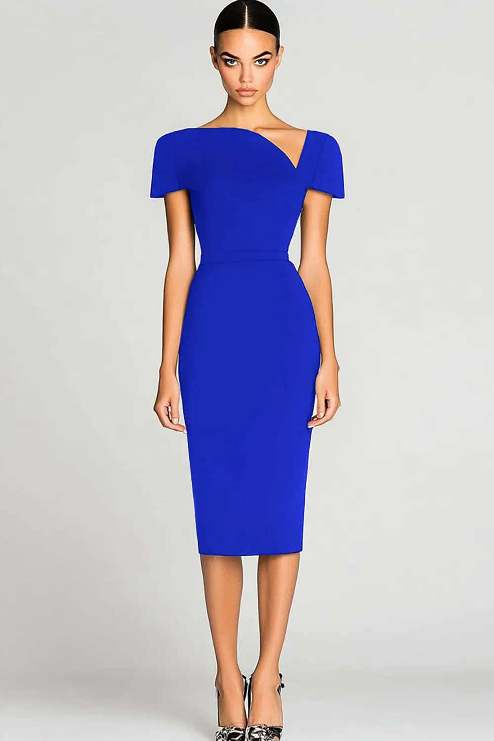 Robe de travail noire moulante en satin à épaules dénudées longueur genou - Image 9