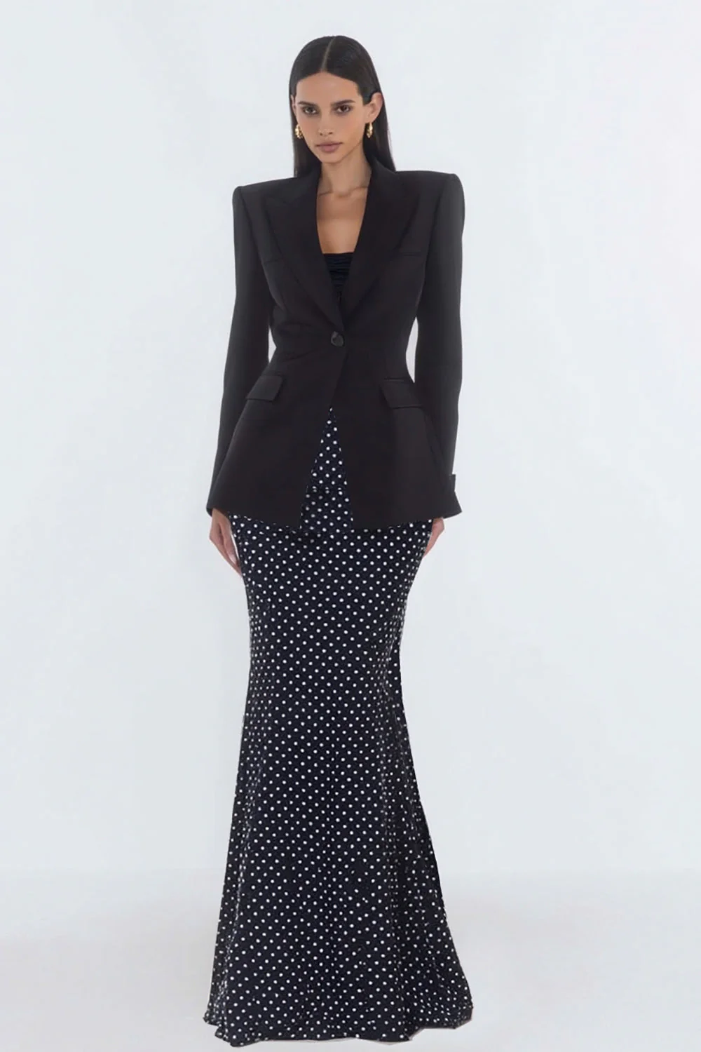 Robe de travail noire 2 pièces à revers de sirène à pointes