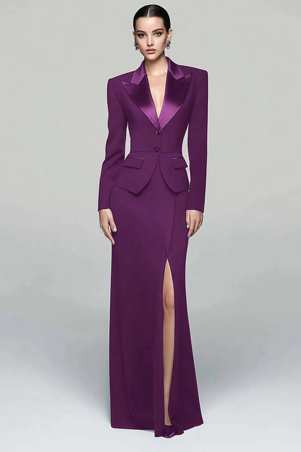 Robe de travail noire 2 pièces à revers en pointe avec fente - Image 11