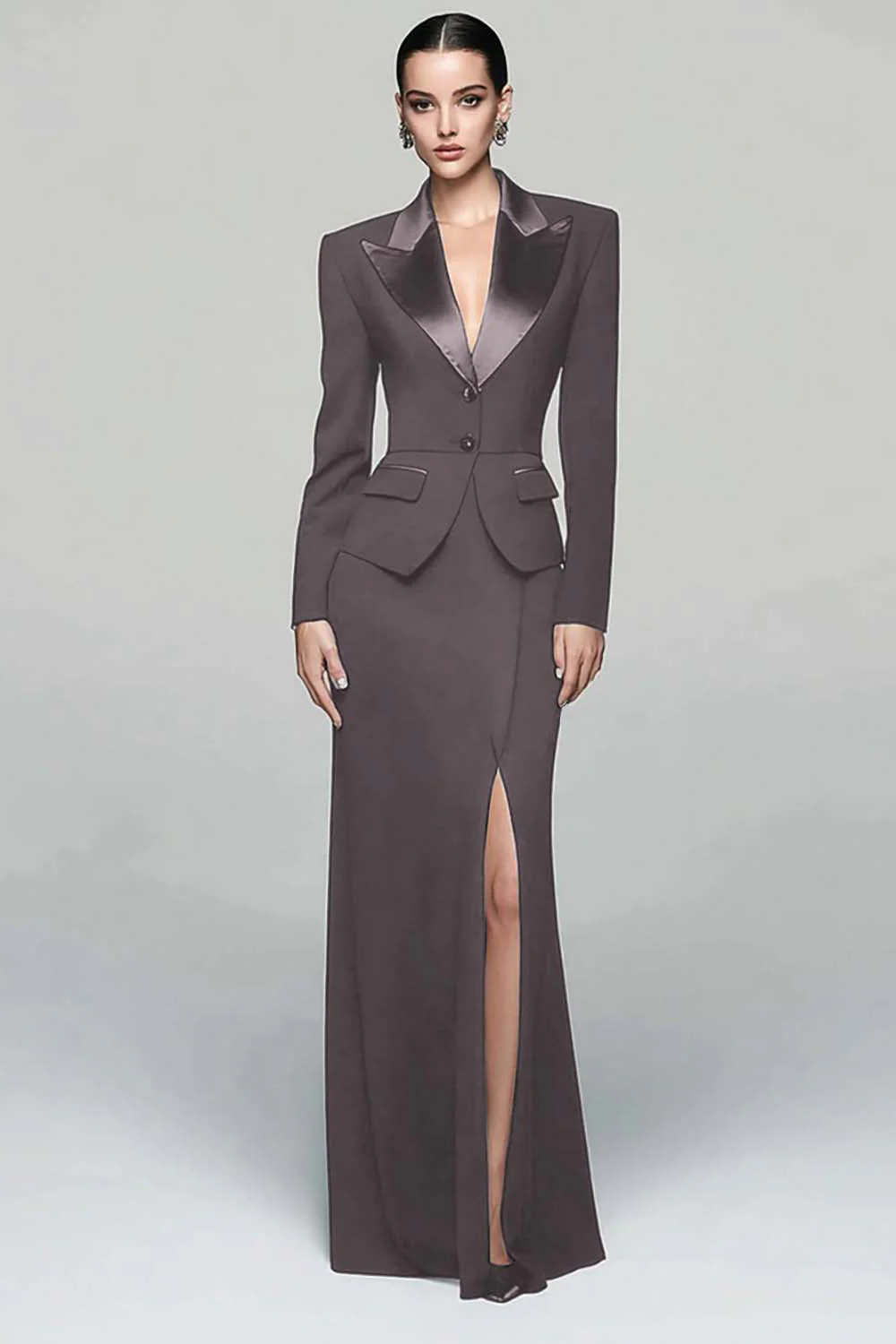 Robe de travail noire 2 pièces à revers en pointe avec fente - Image 14