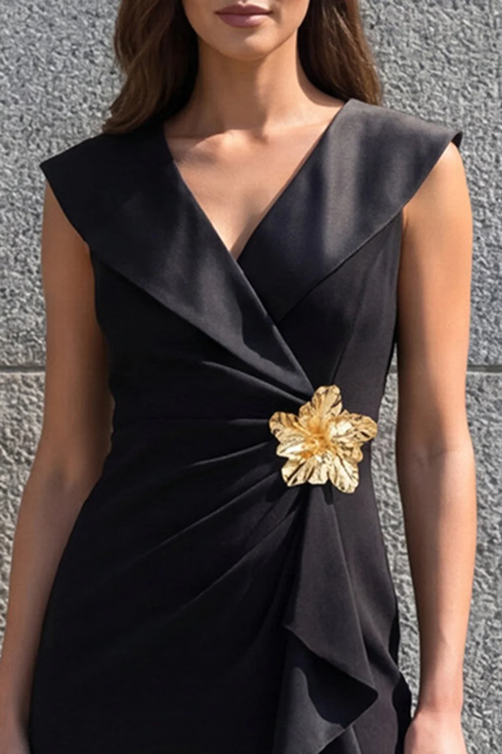 Robe de travail noire 3D à col en V et fleurs - Image 3