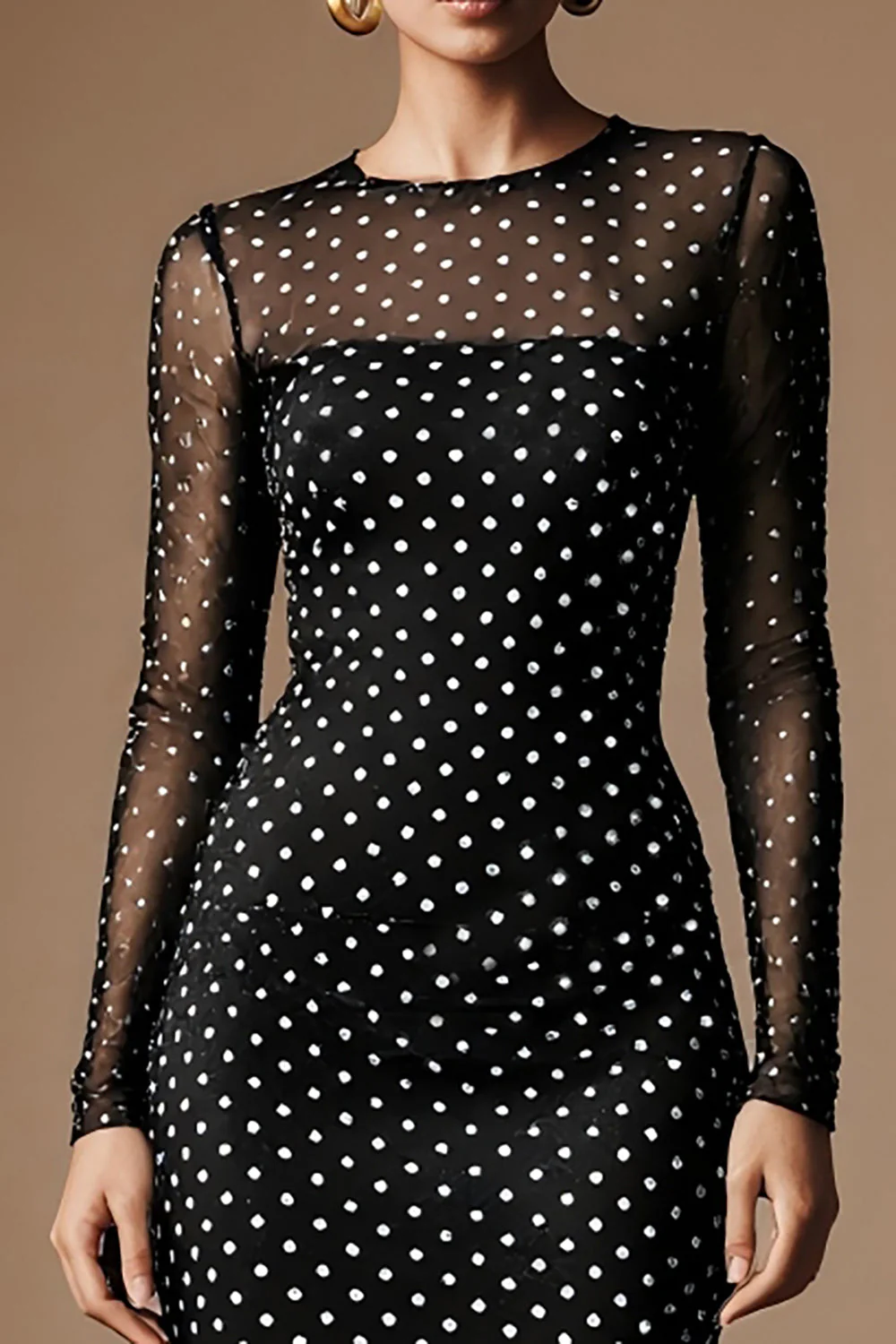 Robe de travail noire blanche à manches longues à manches rondes à pois et à poils ronds - Image 3