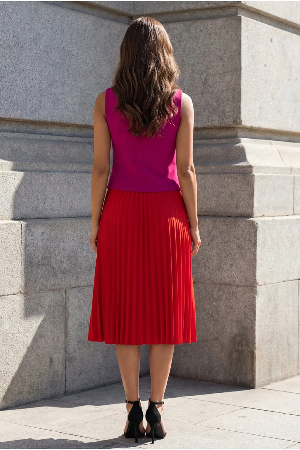 Robe de travail plissée en 2 pièces à col en V rouge en fuchsia et en ligne A - Image 2