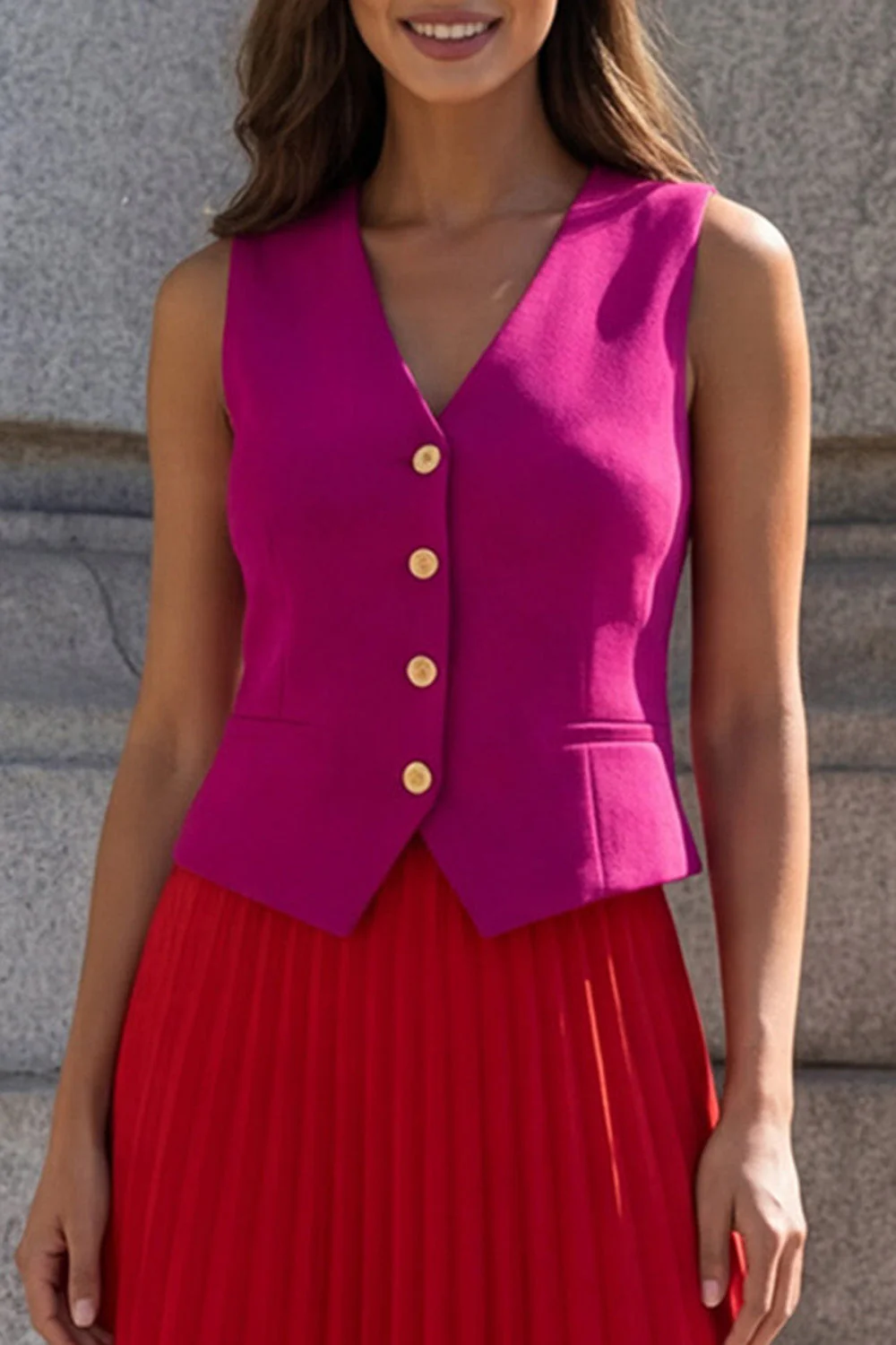 Robe de travail plissée en 2 pièces à col en V rouge en fuchsia et en ligne A - Image 3