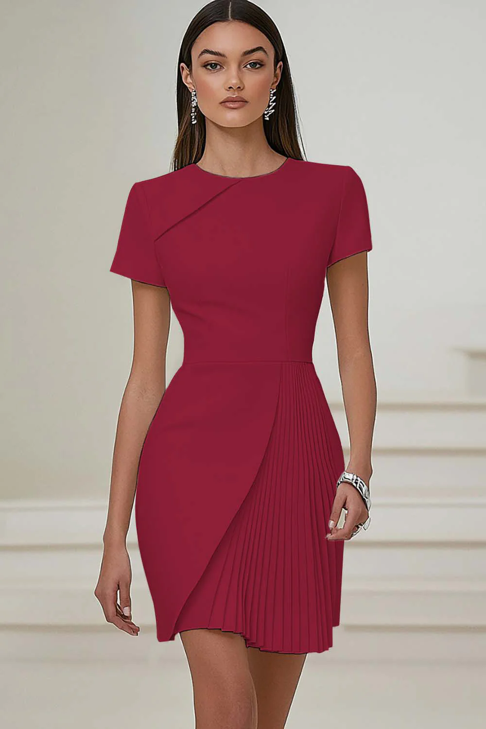 Robe de travail plissée ivoire à manches courtes - Image 10