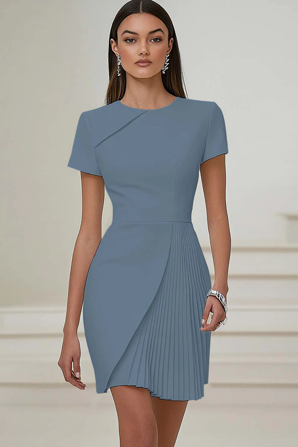Robe de travail plissée ivoire à manches courtes - Image 14
