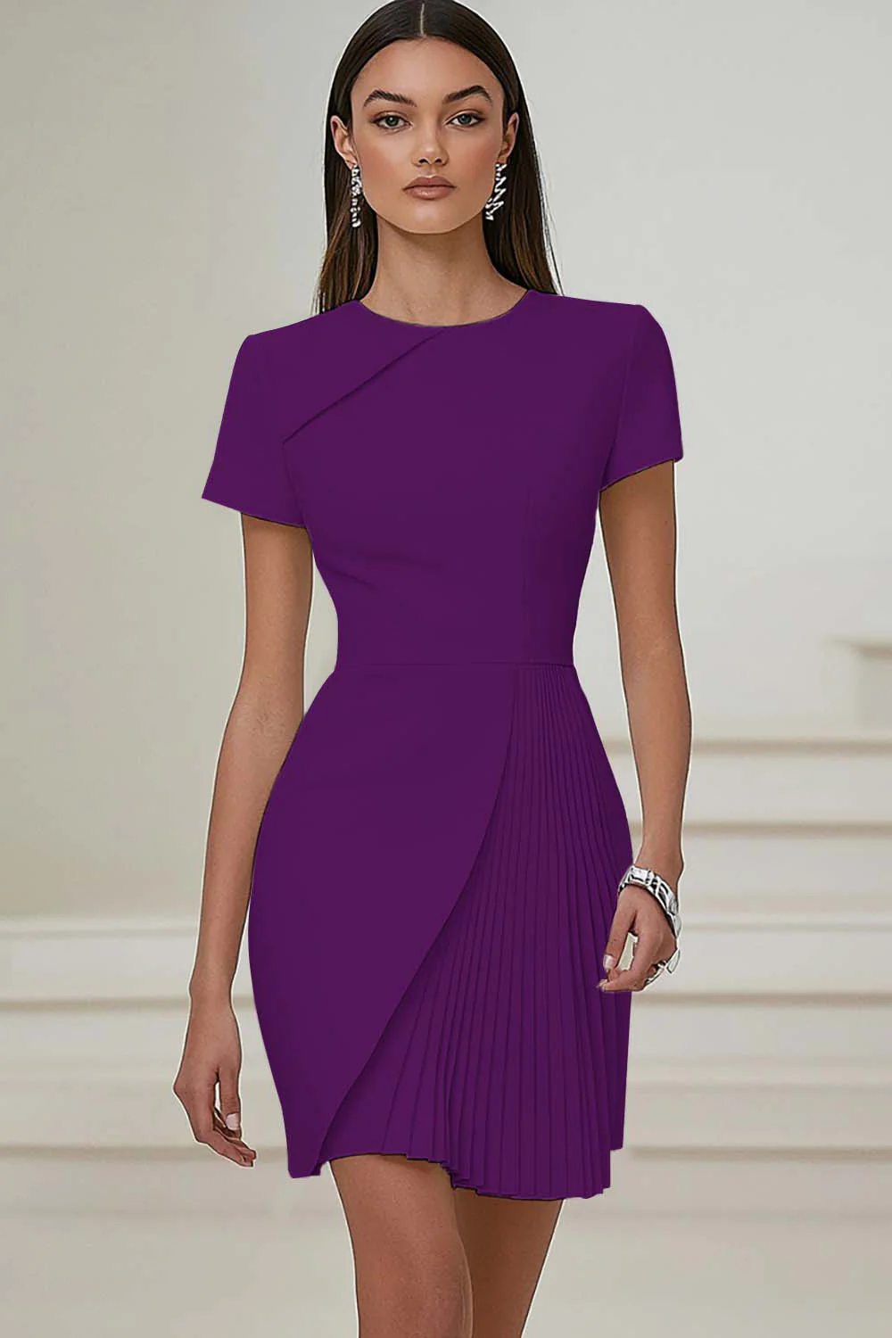 Robe de travail plissée ivoire à manches courtes - Image 16