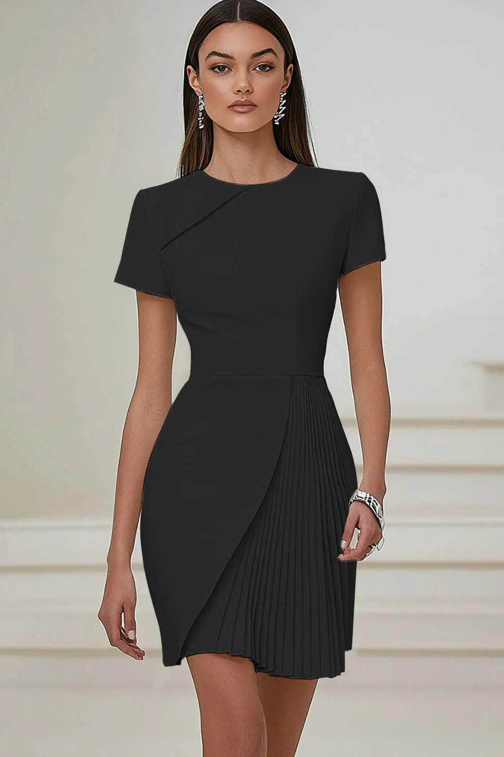 Robe de travail plissée ivoire à manches courtes - Image 9