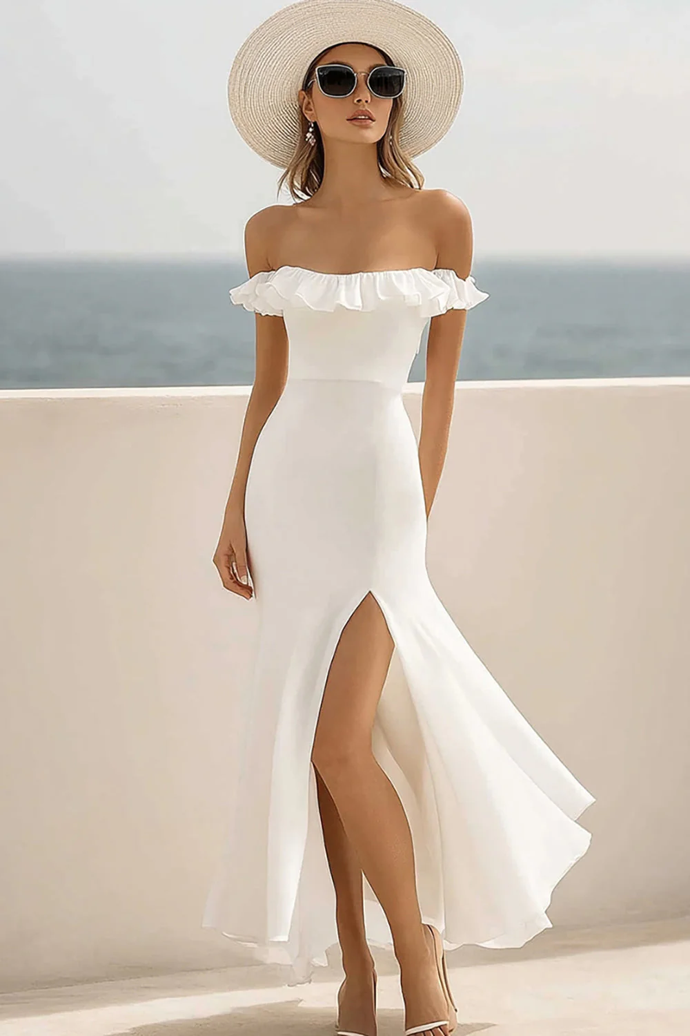 Robe de vacances à volants en mousseline de soie blanche à épaules dénudées