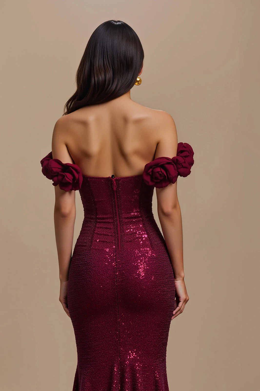 Robe de vacances sirène à paillettes bordeaux à épaules dénudées - Image 4