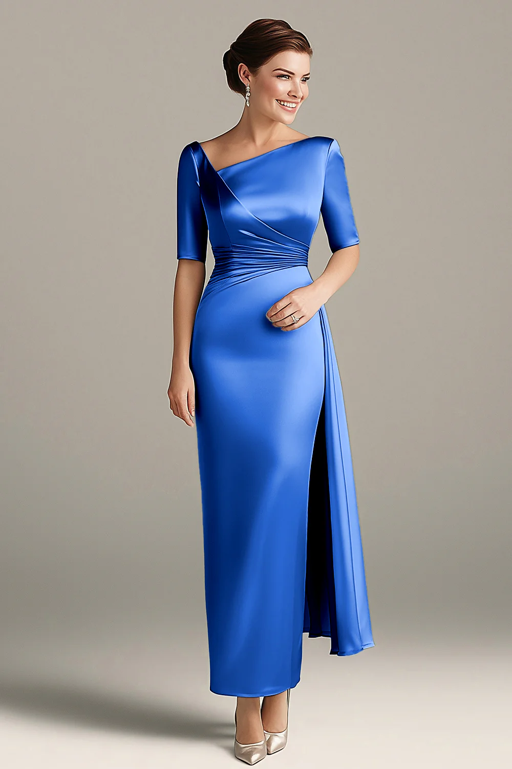 Robe Demi-Manches Satin Fourreau Gris Argenté Mère De La Mariée - Image 12