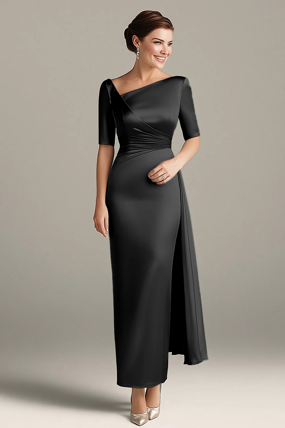 Robe Demi-Manches Satin Fourreau Gris Argenté Mère De La Mariée - Image 3
