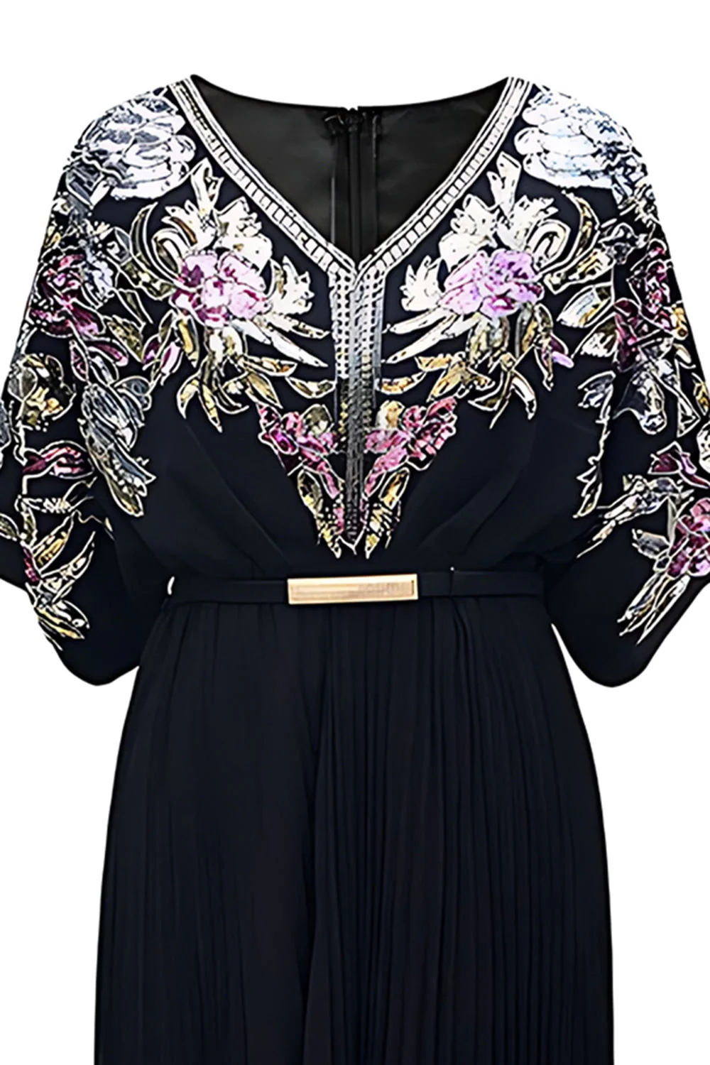Robe années 20 noire à paillettes plissée en V avec ceinture - Image 2